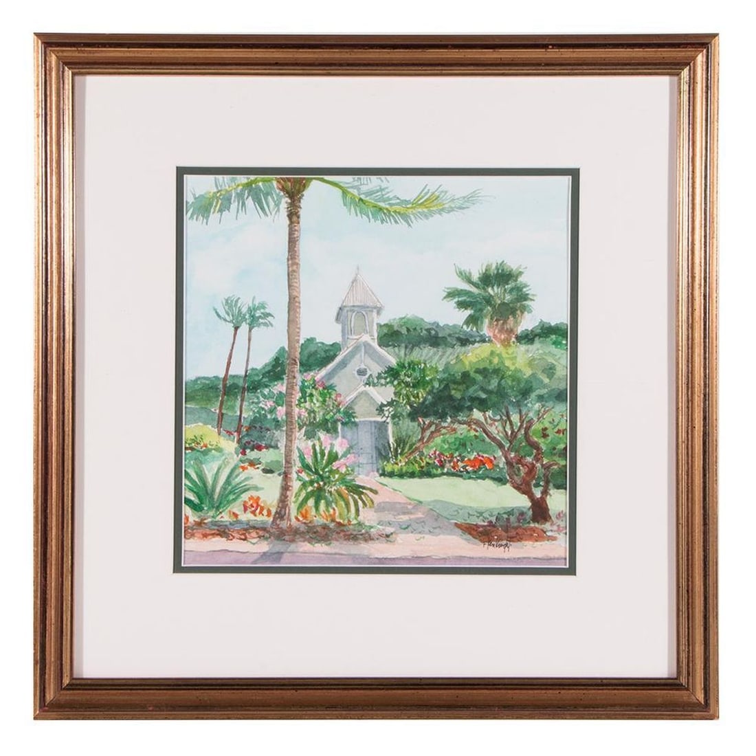 Fred KenKnight (b. 1934).: Artist: Fred KenKnight (b. 1934). Title: "Honokowai Church - Maui." Signature: Lower right. Medium: Watercolor on paper. Size: Artwork: 10 x10 inches. Frame: 17 3/4 x 17 3/4 inches. Condition: Good.