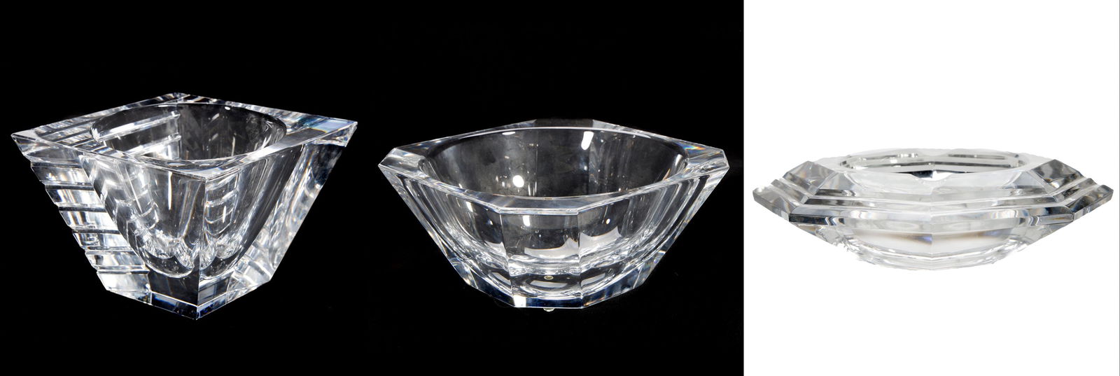 Lot of Contemporary Clear Art Glass Tablewares: Comprising a square faceted Waterford bowl with a water mark 4.35"h x 9.5" square; an Orrefors trapezoidal shaped vase with horizontal banding to one side, etched "Orrefors JJ 502314" 6"h x