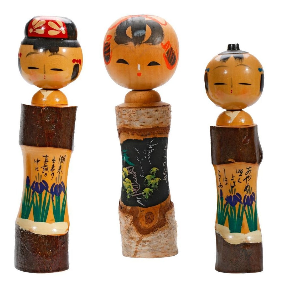 Three Japanese Kokeshi Tanka Poem Dolls: The first, a Nakayama shirakaba white birch wood doll paint decorated in the middle with a black and yellow landscape and part of tanka poem, likely written by Wakayama Bokusai; the second and third c