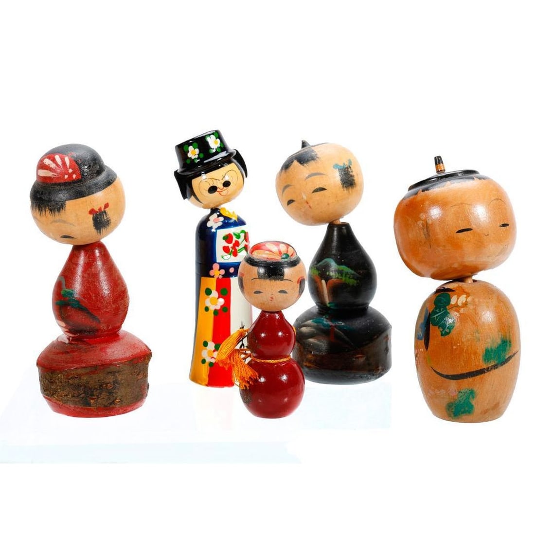 Twelve Small Kokeshi Bobble Head Wood Dolls - 2