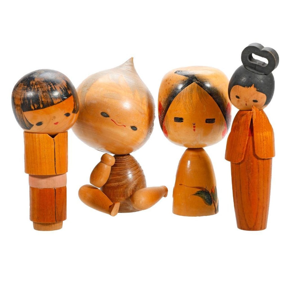 Four Vintage Kokeshi Child Dolls: Circa 1960s, including a vintage seated onion head baby doll with articulated limbs, marked on base "Ninko", 6.75"h (loss to foot and tip of head, intentionally has one arm, some scratches a