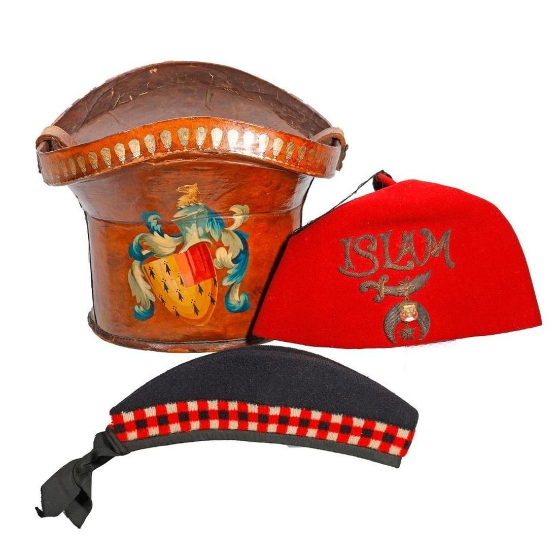 Leather Top Hat Box, with Shriners Fez and Glengarry Hat: The leather-covered handled top hat box with a painted coat of arms on the side (missing lid; wear to leather; crack in rim). Together with a vintage Scottish Glengarry knit and wool hat; and a Shrine