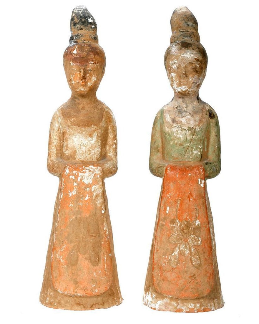 Pair of Chinese Polychrome Figures of Musicians: Comprising two polychrome figures of musicians, each approx. 12.5"h. Condition: both with wear to glaze, and old repairs/painting (including a repaired chip at the forehead of one).