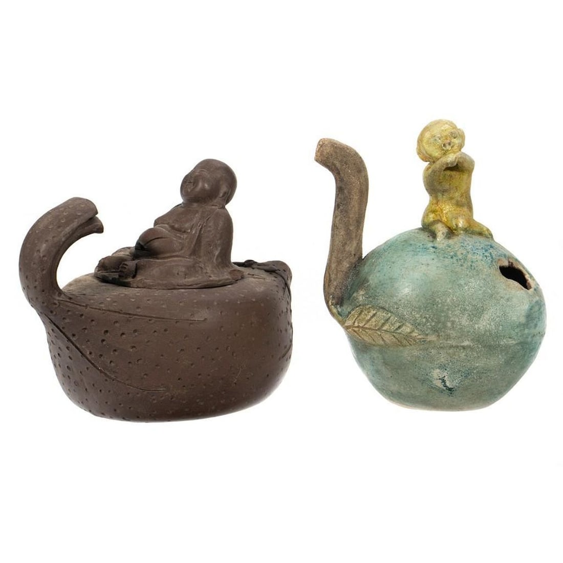 Asian Ceramic Water Dropper and Teapot: Each with charming figural finials. Greatest height 4 1/2in (11cm) Condition: Teapot with small chip to rim of lid.