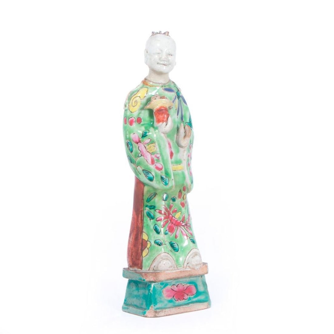 Chinese Famille Verte Figure.: Qing Dynasty, the male figure in am Imperial robe Size: 9 inches high x 2 ¾ wide x 2 deep. Condition: Some loss to fingers on one hand, very small chips to