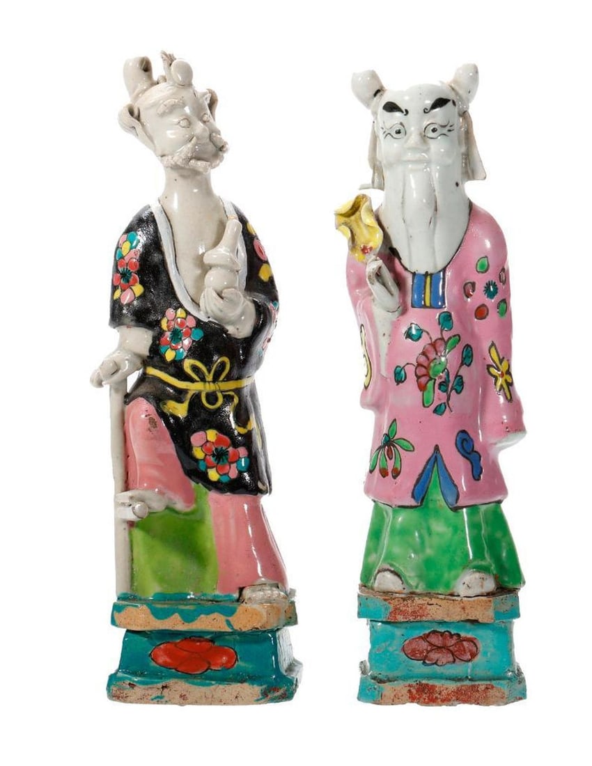 Two Chinese Export Porcelain Immortals. Property of Alton F. Irby III: Late 18th/19th Century. Two porcelain figures of Immortals, depicting Chung Li and Li Tieguai, each over-glaze enamel decorated, standing on plinths. The tallest 8 3/4". Condition good. Provenance: