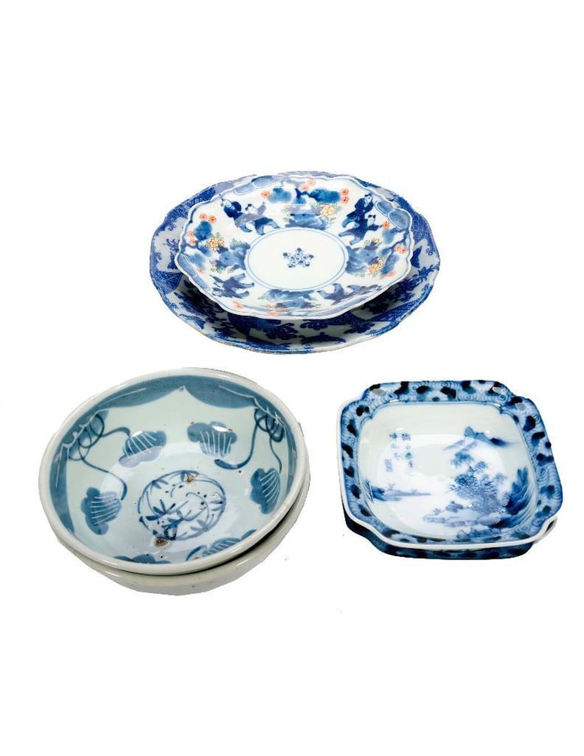 Six Asian Blue and White Ceramics.: A transfer print dish, unmarked, 7 3/4" diam (glaze flaw); a transfer print and hand-painted scalloped rim dish, unmarked, 6 1/2" diam. (small rim chip); pair of transfer print square dishes, marked