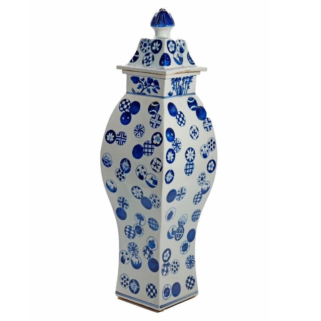 Chinese Blue and White Covered Jar: Of squared meiping form, the sides decorated with cash medallions in varying shades of cobalt blue, the square form lids with conforming cash decorations, en suite with square wood base, 28"h x 7