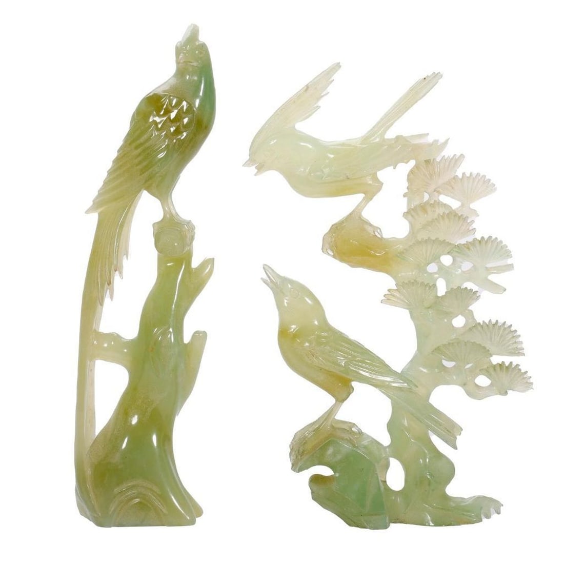 Two Chinese Serpentine Figures of Birds: Comprising one group of two perched birds 8.5"h and the other of a bird 9"h [both with losses to top of plumage]