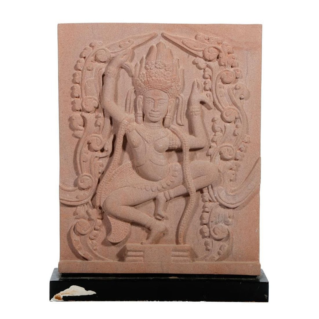 Contemporary Cambodian Sandstone Altar Relief: The sandstone rectangular relief depicts a dancing female deity in the style of a temple carving, 14 1/2" H x 11 3/4" W x 1 3/8" D. The back with inscribed mark, and inset metal label: Artisans