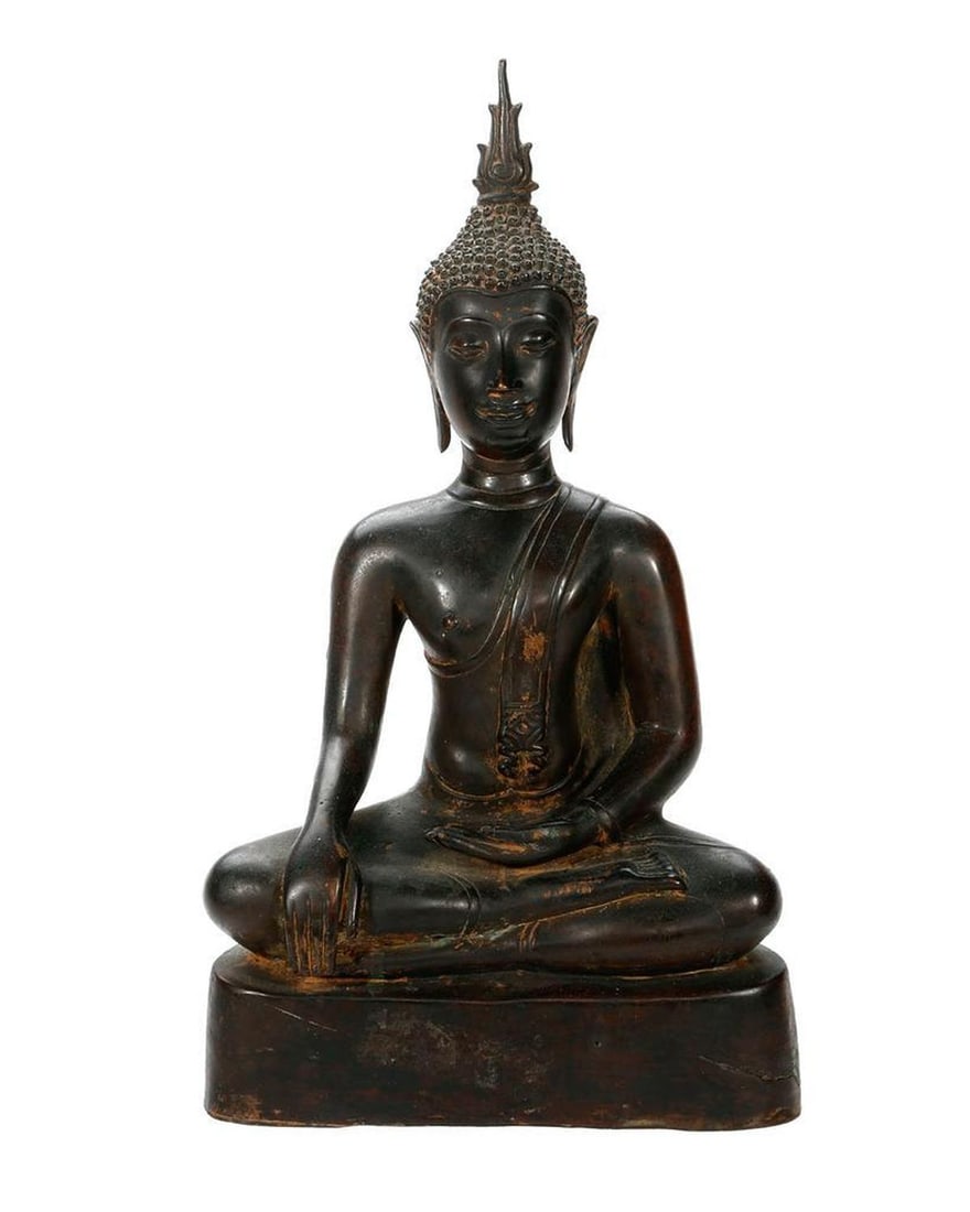 Thai Bronze Buddha.: The seated Buddha in Calling the Earth to Witness posture. 13 3/4in x 8in x 3 3/4in. Condition: patina, wear, crack to one side of base.