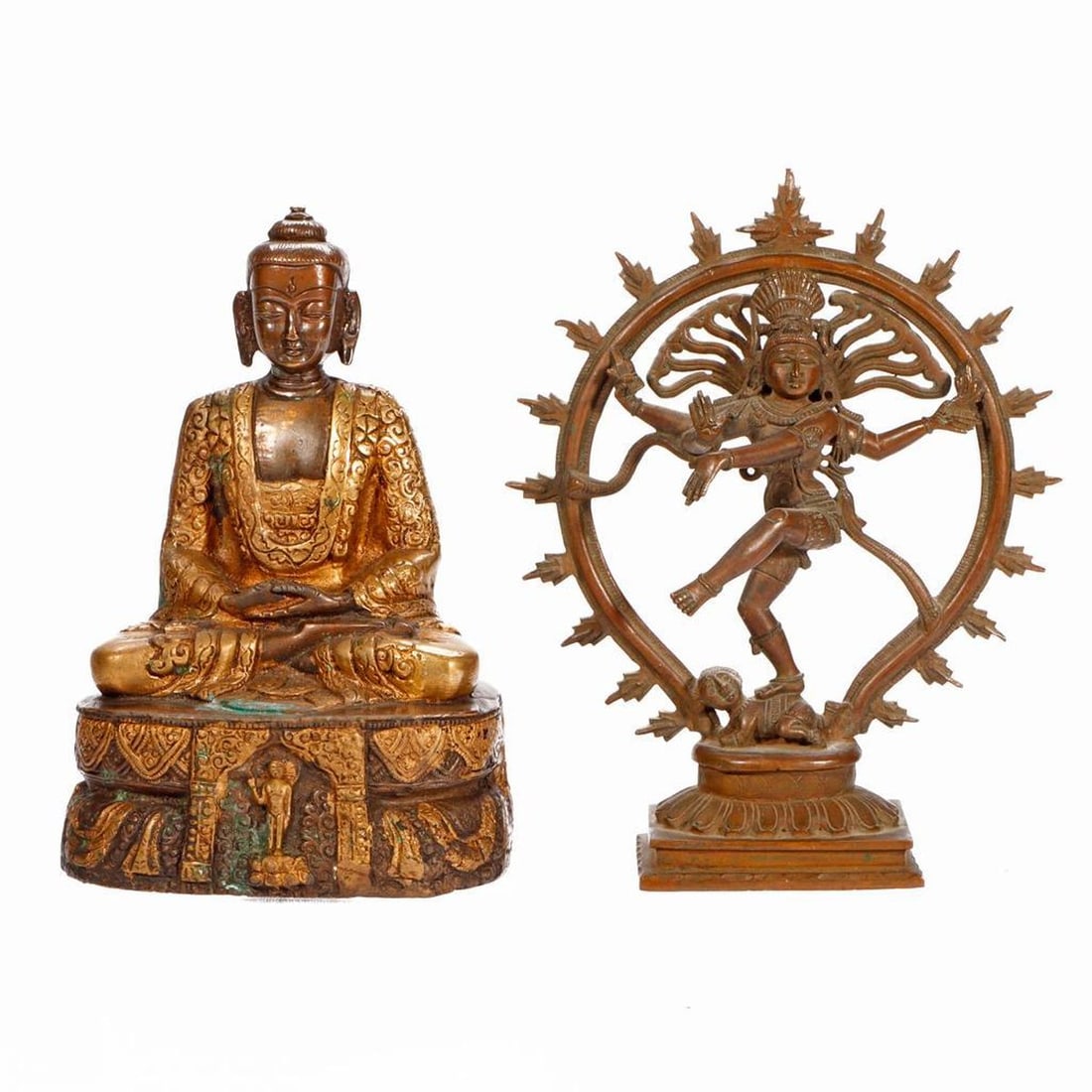 Two Asian or Indian Bronze Figures of Deities: Comprising a gilt seated Gautam Buddha 7"h and the figure of Shiva Nataraja 7.25"h. Condition: some wear and some light verdris patination.