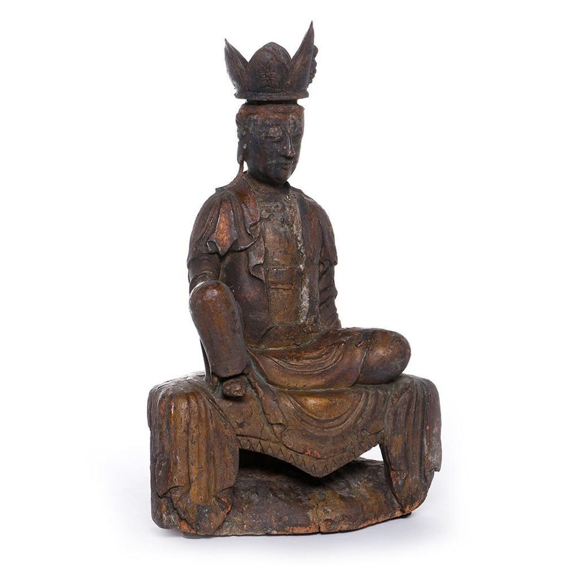 Carved Wood Burmese Buddha.: A c. 18th-century Burmese polychrome painted wood-crowned Buddha. Size: 18 1/2" high (approx.). Condition Report: All lots are sold as is and where is. Turner Auctions + Appraisals, LLC provides