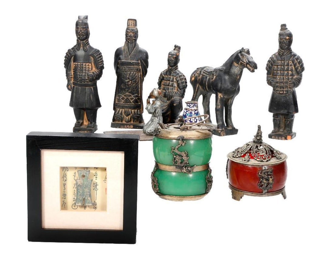 Group of Asian/Misc. Decorative Arts: Assortment includes an antique framed coin; five contemporary ceramic figurines (tallest 6 3/4"); a glass and metal small teapot with dragons and monkey finial, and a similar potpourri; and two miscel