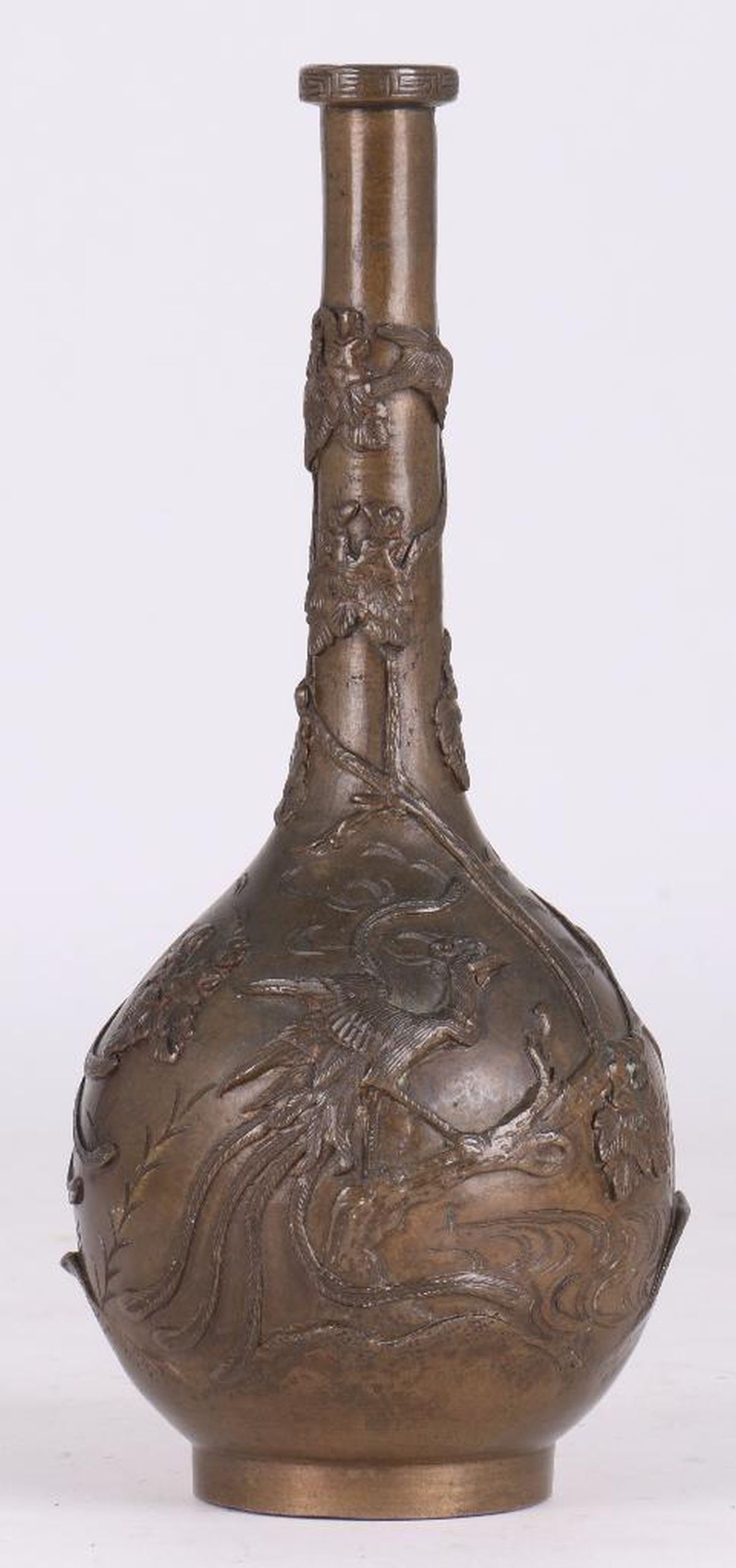 Japanese Bronze Vase: Meiji Period, the bottle shape continuously decorated with phoenix in garden setting, 9.5"h
