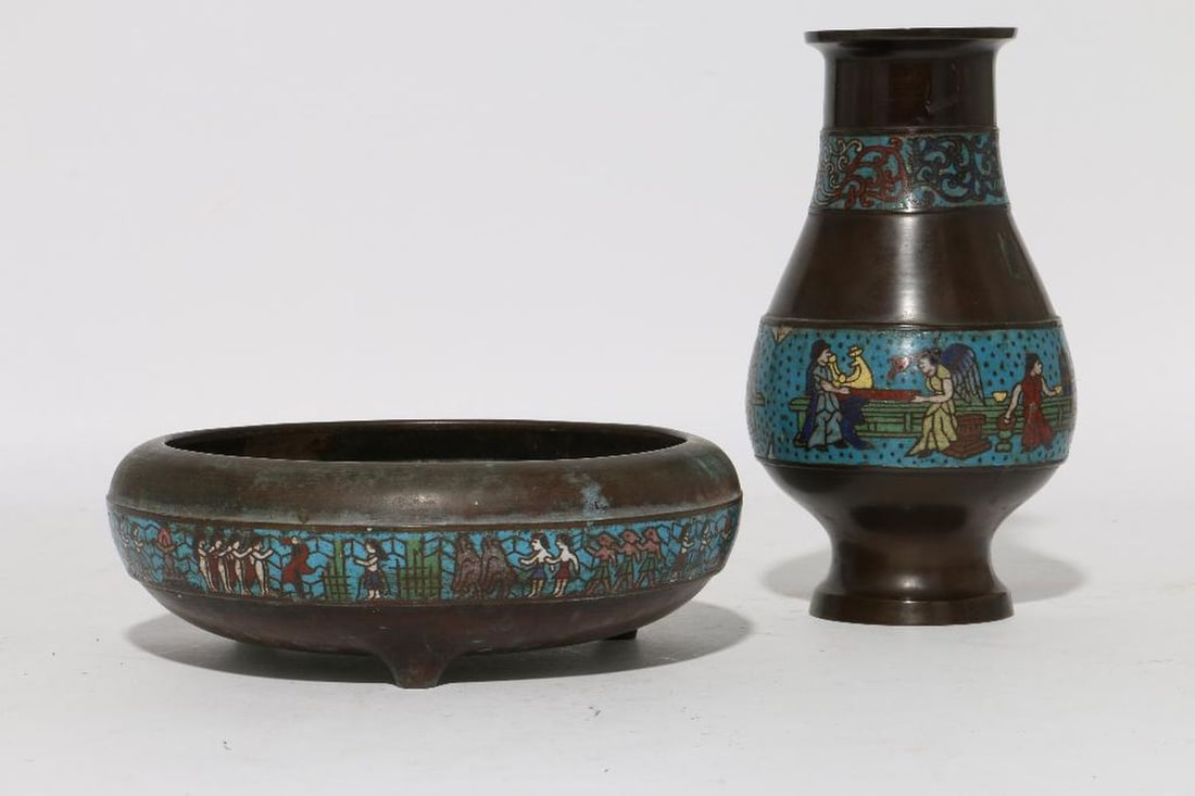 Two Archaistic Style Champleve Enamel Vessels: Comprising a vase and a low bowl. The larger 9 1/2"h