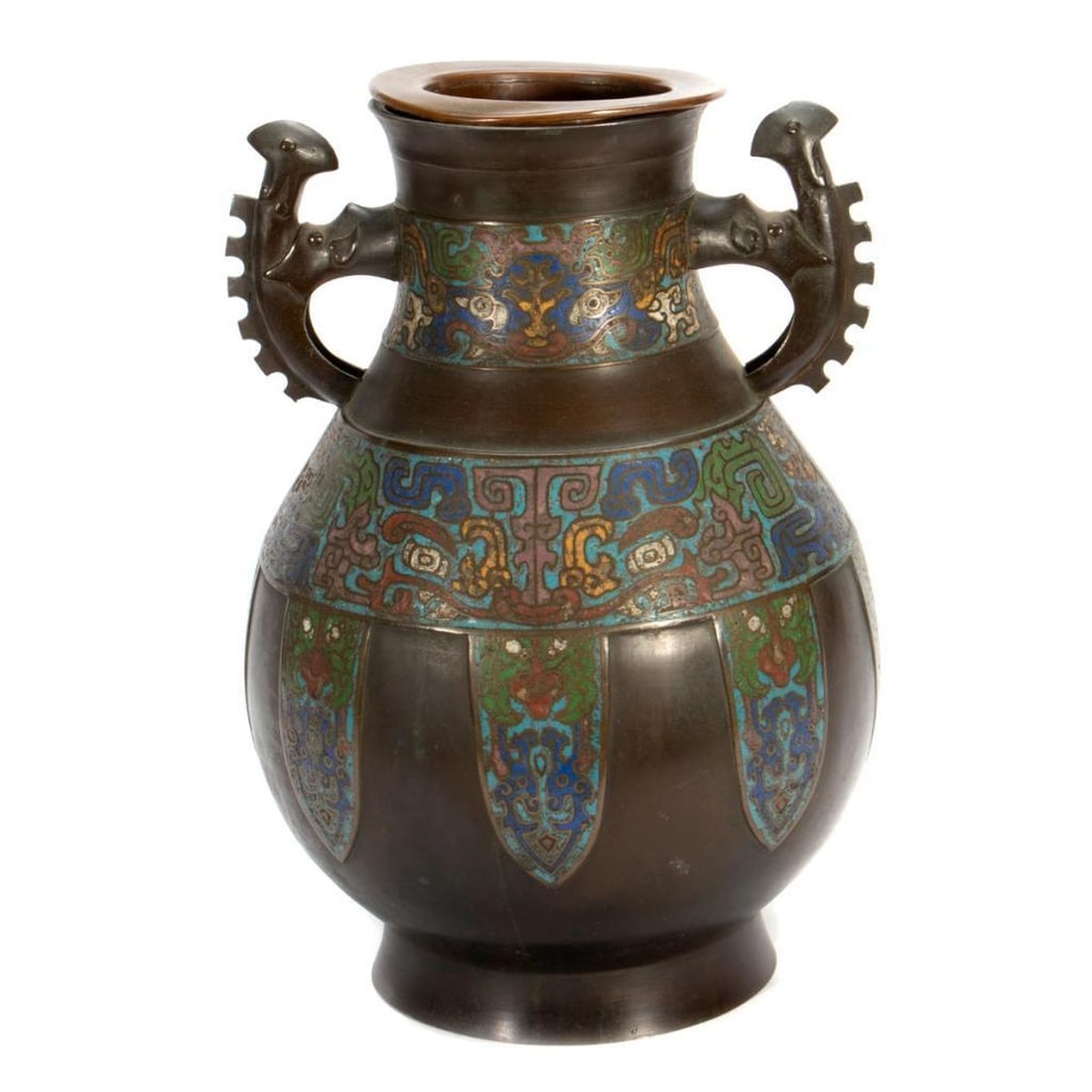 Chinese Archaistic Champleve Bronze Urn: The ovoid vessel having a waist band inlaid with a tao tie design and cast with stylized horn handles, 14.5"h