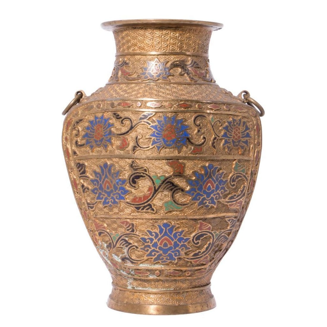 Chinese Champleve Enamel Vase: The ovoid form with inlay, and ring handles on the shoulder. Condition: missing the bottom. Dimensions: 11.75"h x 8.5"d