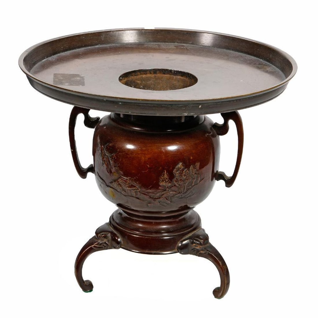 Japanese Meiji Period Bronze Usubata: The Japanese bronze vase with relief decoration of a hen and rooster on one side and a landscape on the other, with elephant head feet (9"; tray diam. 11 1/4"). Signature stamp on base.