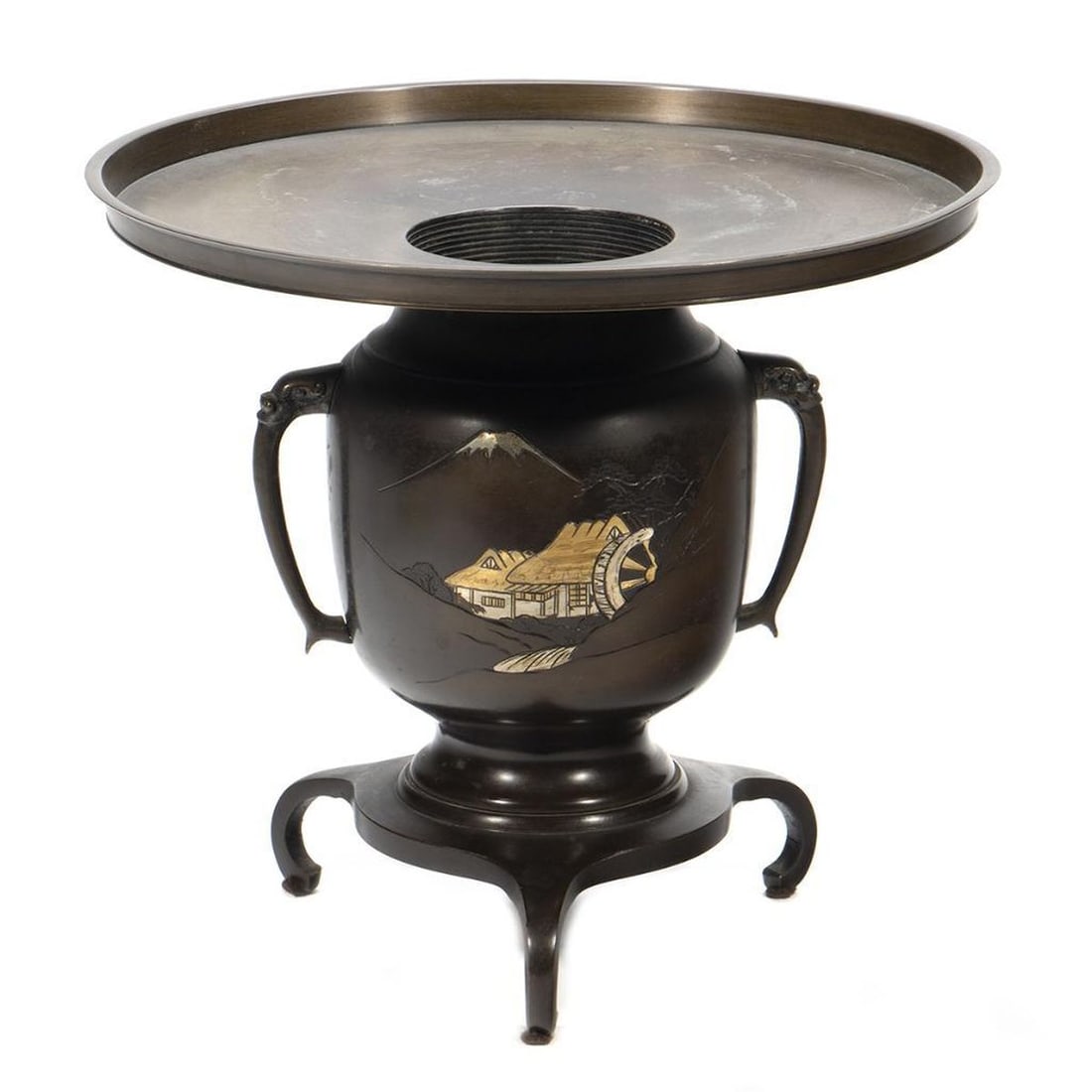 Japanese Bronze Usabata: The cylindrical top rising on an urn decorated with gilt image of Fuji. 11"h (Condition: Very good.)