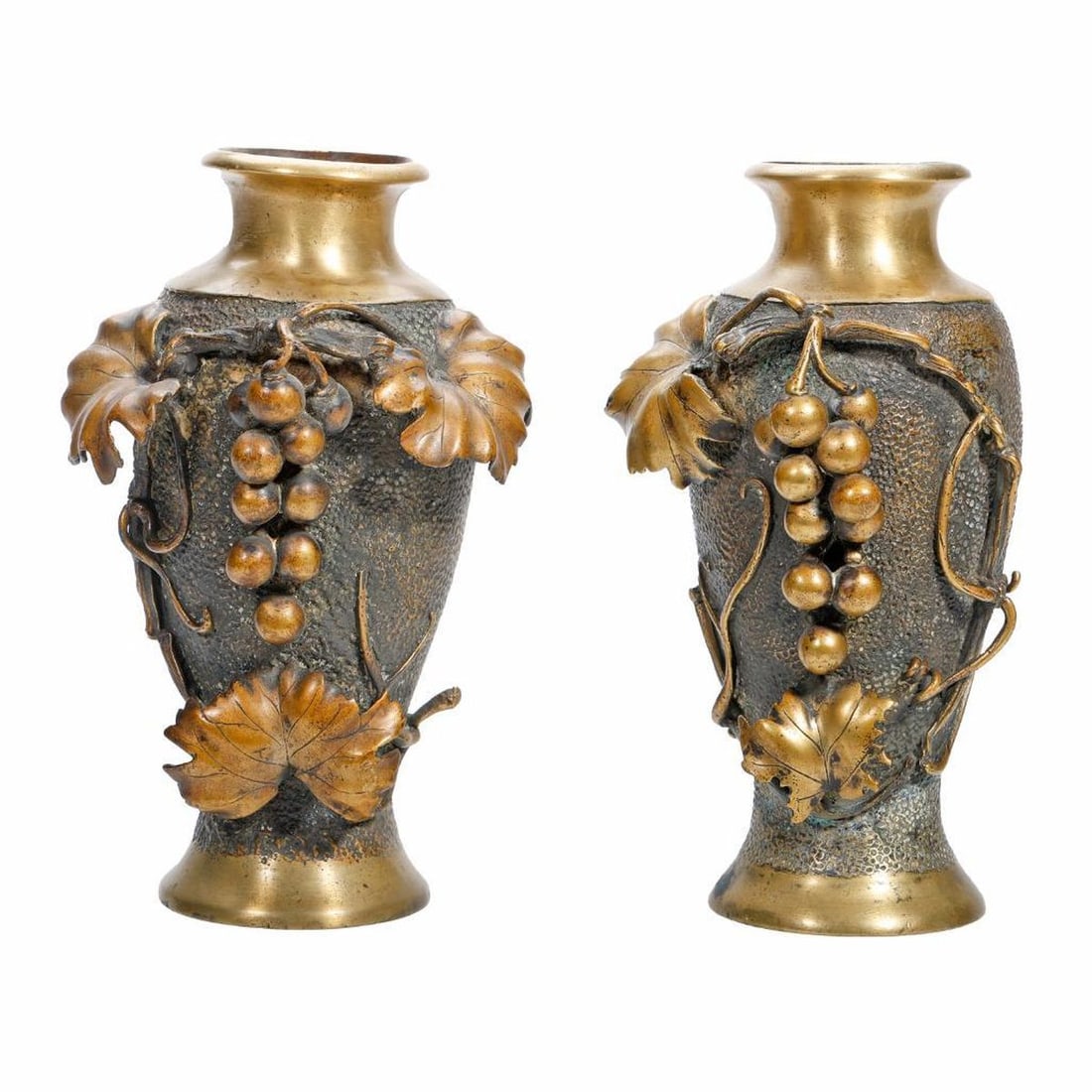 Pair Japanese Bronze Vases: Each of ovoid form cast with a leafy bunch of grapes on a textured ground, signed, 7.5"h