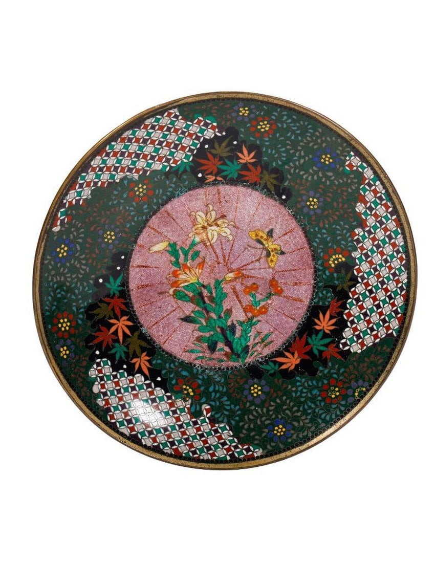 Japanese Cloisonne Dish: Comprising a Japanese cloisonne dish centered by plants and butterfly on lilac-pink ground, enclosed by floral and geometric borders, 7 1/8"d and a Chinese ccloisonne