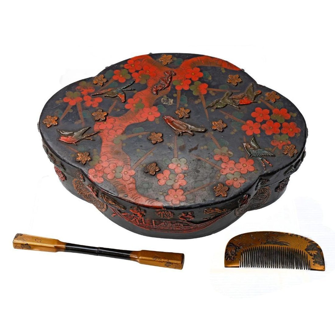 Japanese Kushi and Kogai Set, with Lacquer Box: A vintage Japanese kushi and kogai comb set, together with an Asian lacquer bird and blossom decorated box (8 3/4" long).