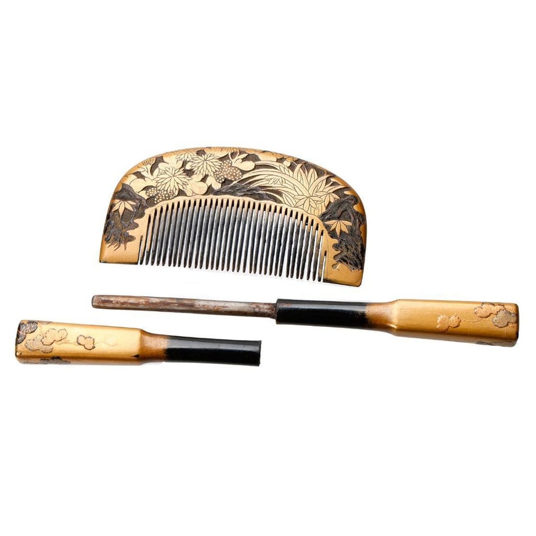 Japanese Kushi and Kogai Set, with Lacquer Box - 2