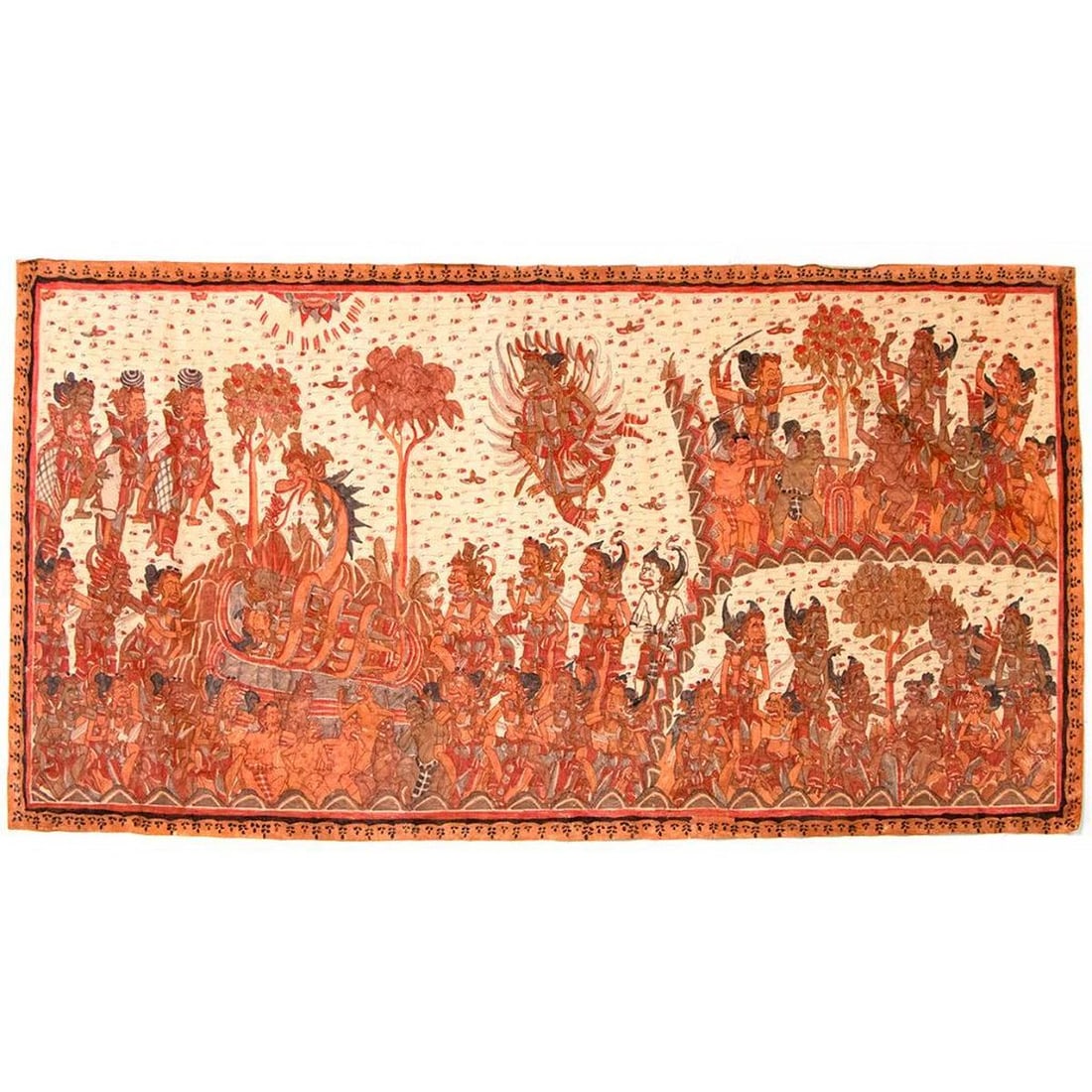 Indonesian Mythological Painting on Fabric.: An Indonesian mythological scene painting on fabric measuring 74 inches x 34.