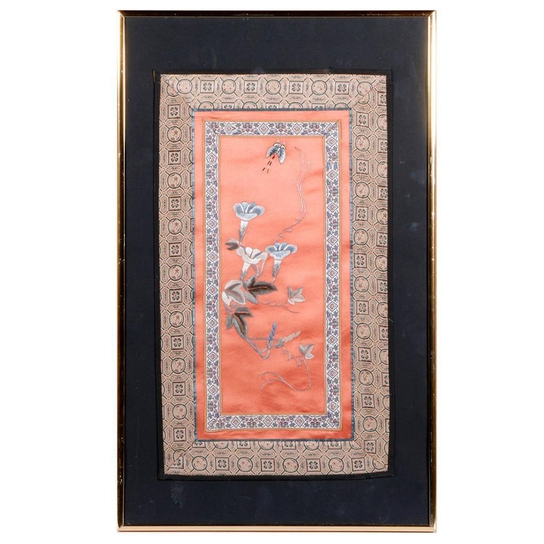 Chinese silk embroidery.: A late 19th century Chinese silk embroidery. Size frame: 21 1/4" H x 13 1/4" W. Size embroidery: 17 " H X 9 1/2" W. Condition: Good.