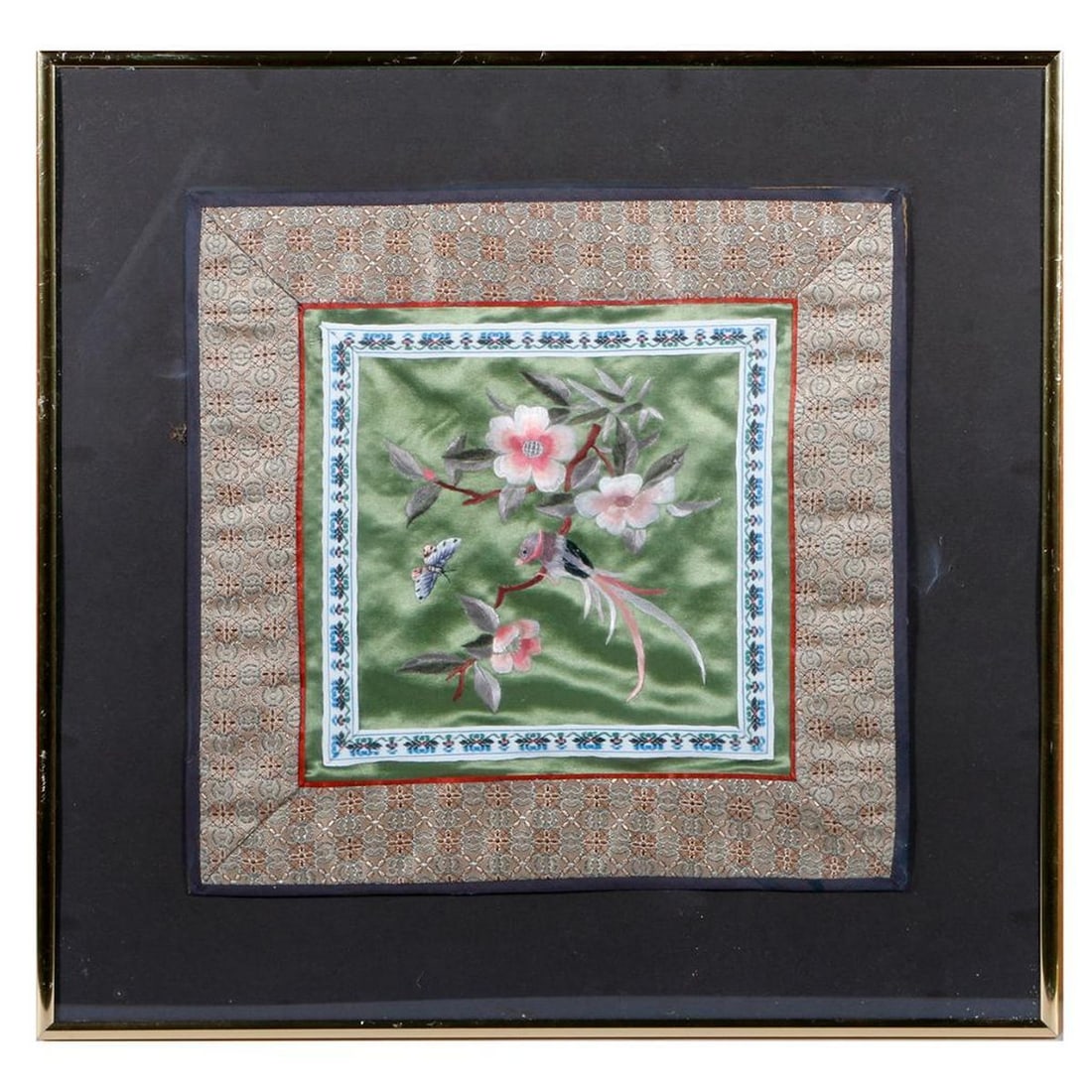 Chinese silk embroidery.: A late 19th century Chinese silk embroidery. Size frame:15 1/4" square. Size embroidery: 10 1/2" square. Condition: Good.