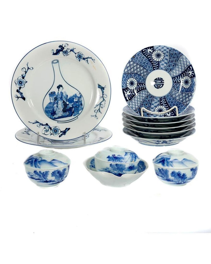 Collection of Japanese Blue and White Porcelain.: The group of blue and white porcelain including plates (at least one small edge chip), a peach-form dish (small edge chip), and bowls with covers. All 20th Century.