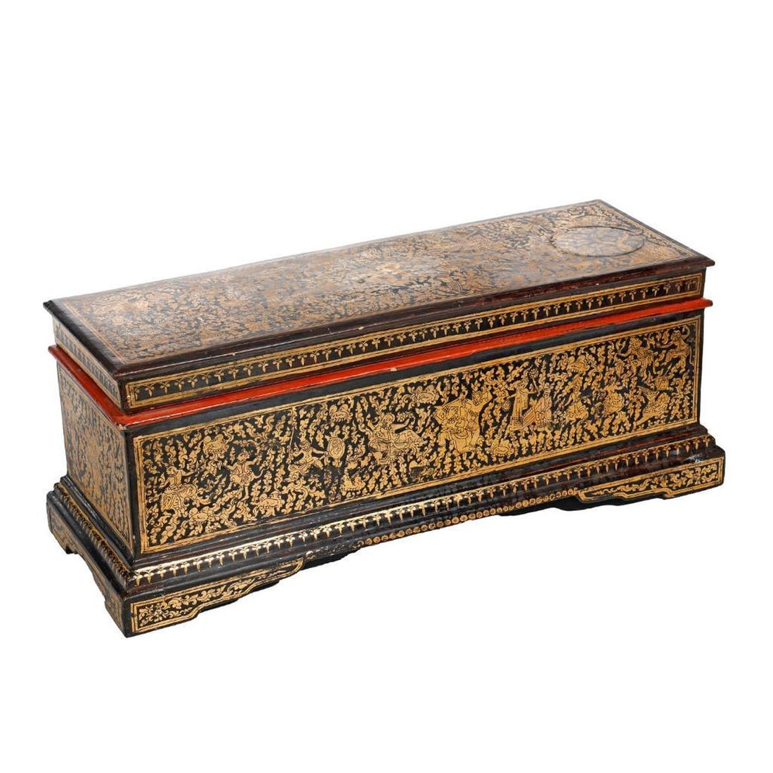 Burmese or Thai Gilt Lacquered Manuscript Chest: The casket form with lift top, each side decorated allover with gilt stencilled figural friezes, enclosing a black lacquered removable tray, overall 9.75"h x 25.5"w x 9.5"d. Condition: