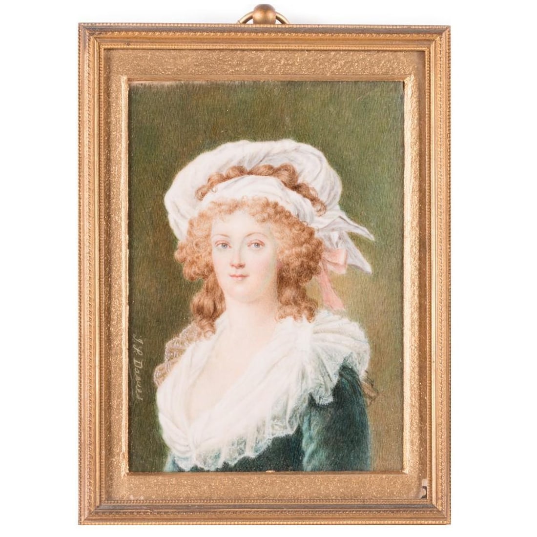 European Portrait Miniature of Princess De Lamballe: Painted in the style of Elisabeth Louise Vigee Le Brun, the half bust miniature of a young curly haired brunette lady wearing a bonnet and lacy decolletage atop a green velvet bodice, vertically signe