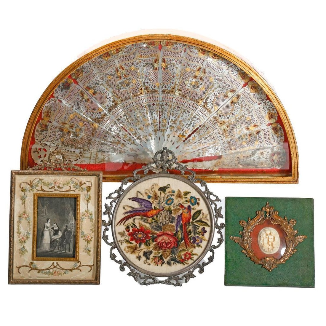 Lot of A Framed Pictures Incl. Fan, Needlework and Cameo (1 of 2)