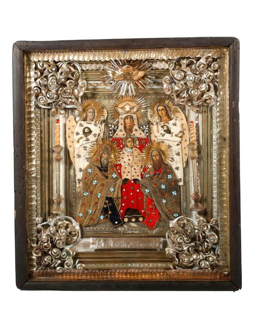 An Icon of the Virgin Enthroned, in Kiot: Eastern Europe, 19th/20th Century. A painted icon of the Virgin Enthroned, the bearded Saints Theodore and George, and angels beside her, with beaded embroidered garments over foil oklad, with ornate