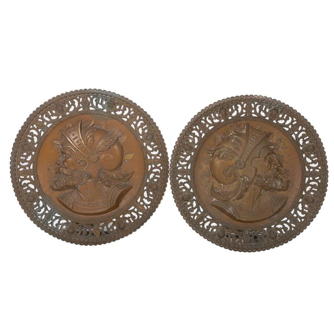 Pair Aesthetic Movement Metal Plaques with Roman Soldiers: Each circular plaque centering a Roman Soldier enclosed in reticulated border, 15"d