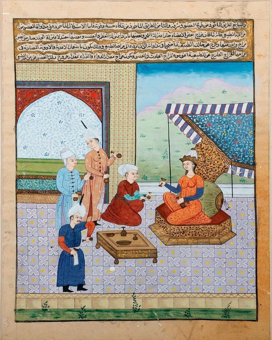 Illuminated Persian Leaf of Court Scene: PERSIAN MANUSCRIPT LEAF. The painting depicts a woman on a dais, with attendants, all with bells in their hands, illuminated text above, and text verso. 12in x 8 3/4in. Condition: There are small