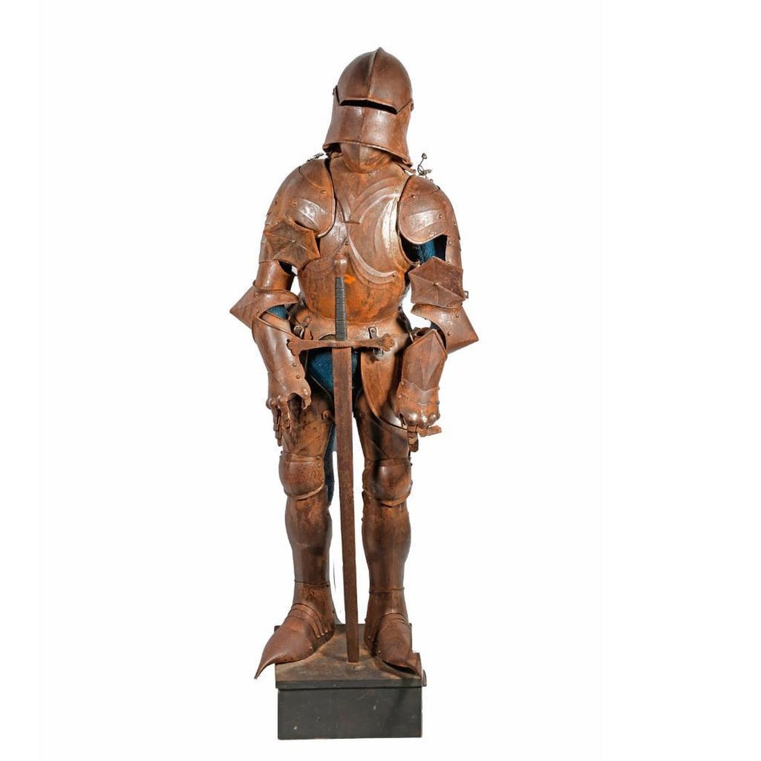 Large Victorian Gothic Style Miniature Suite of Armor: The unpolished suite of armor fully articulated and complete with stand, Overall 30"h Provenance: Schwartzsackinandcoltd, London