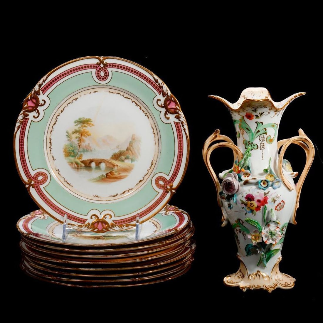 Lot English Porcelains Incl Urn and Dessert Plates, set 9 (1 of 5)