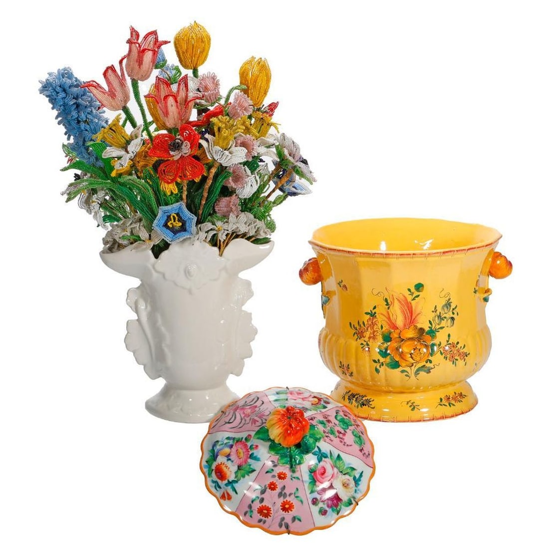 Two French Faience Pots and A Bouquet of Beaded Flowers (1 of 2)