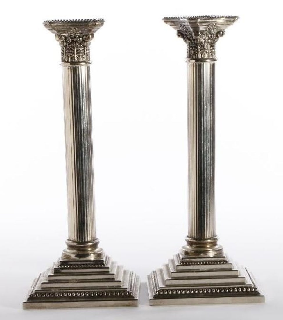 Pair Edwardian Sheffield Plate Columnar Candlesticks (1 of 4)