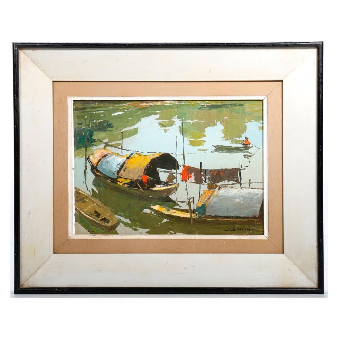 Le Minh Riverscape Painting: Artist: Le Minh (Vietnamese) Title/Description: River landscape with junk boats Signature: Signed lower right Date Created: Circa 1965 Medium: Oil on board. Size: 9" x 13" (frame 16.5"h x 20"). Condit