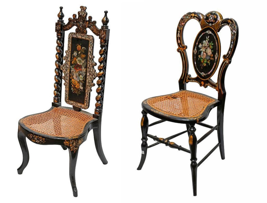 Two Victorian Mother of Pearl Inlaid Ebonized Dining Chairs (1 of 4)