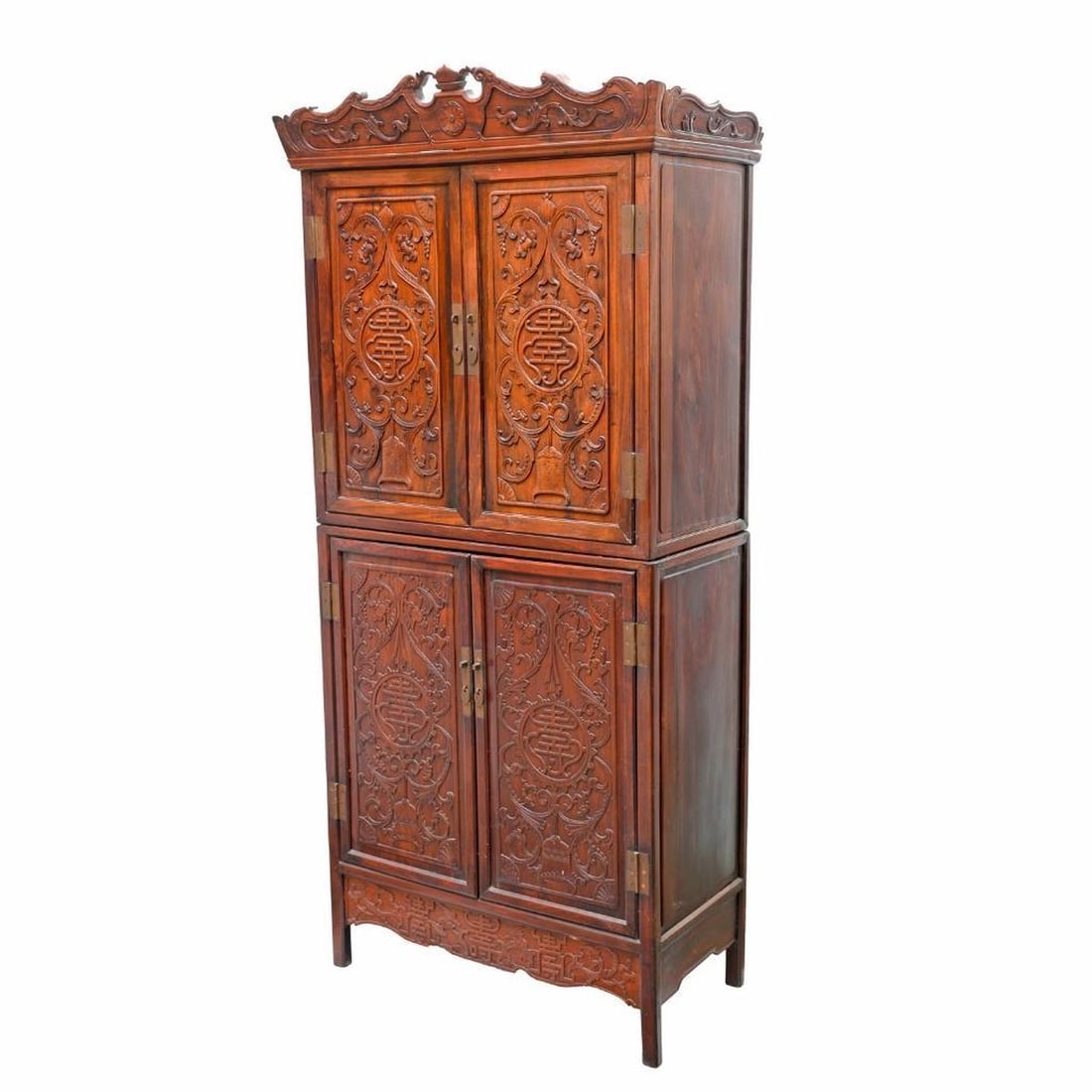 Chinese Huanghuali Scholar's Cabinet: Known as Dingxianggui, the compound cabinet, each door carved centering a Shou symbol for longveity, opening to reveal interior shelves, 84"h x 38"w x 18.5"d