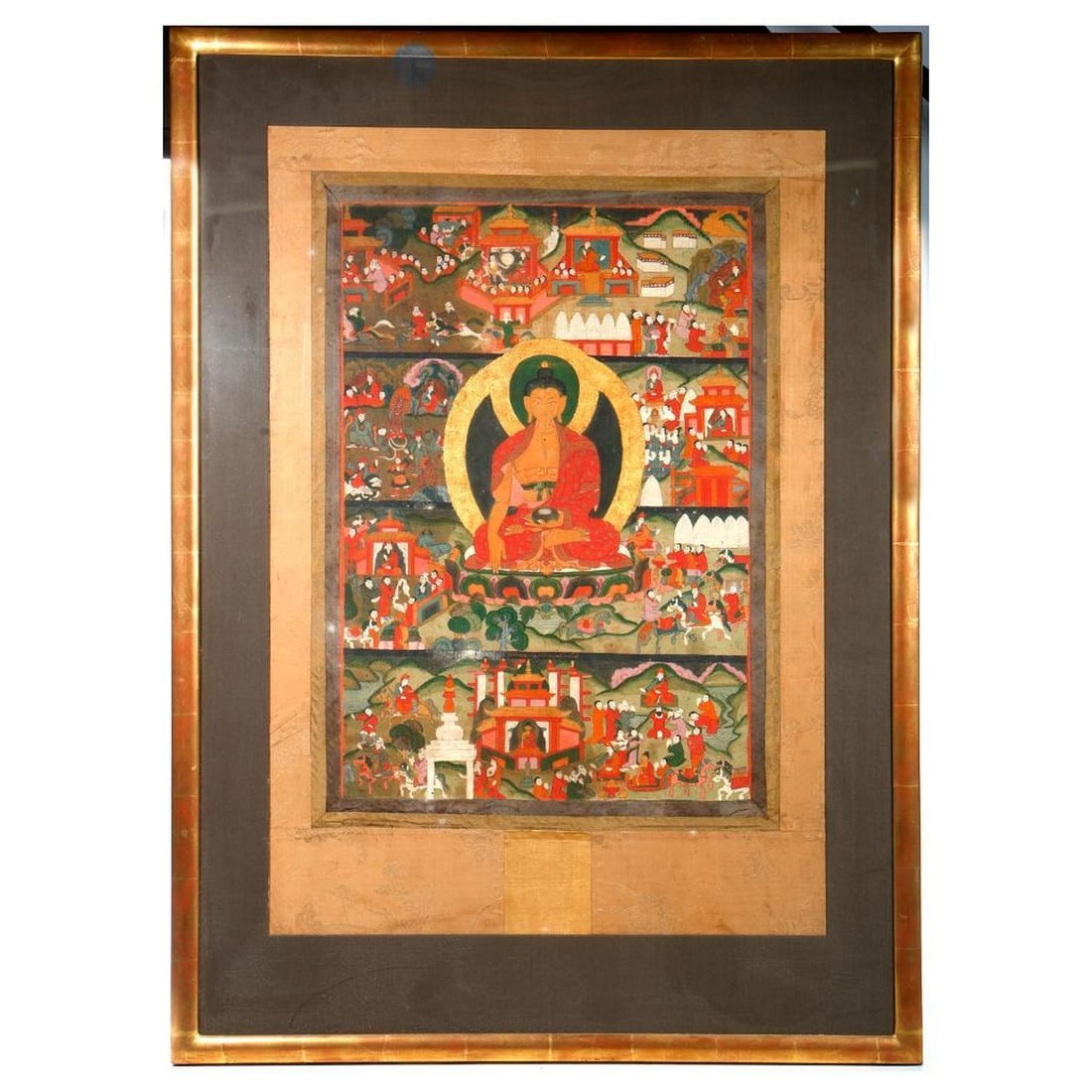 Tibetan Shakyamuni Thangka: sight image 23.5"h x 16"h; overall matted and framed 41"h x 29.5"w