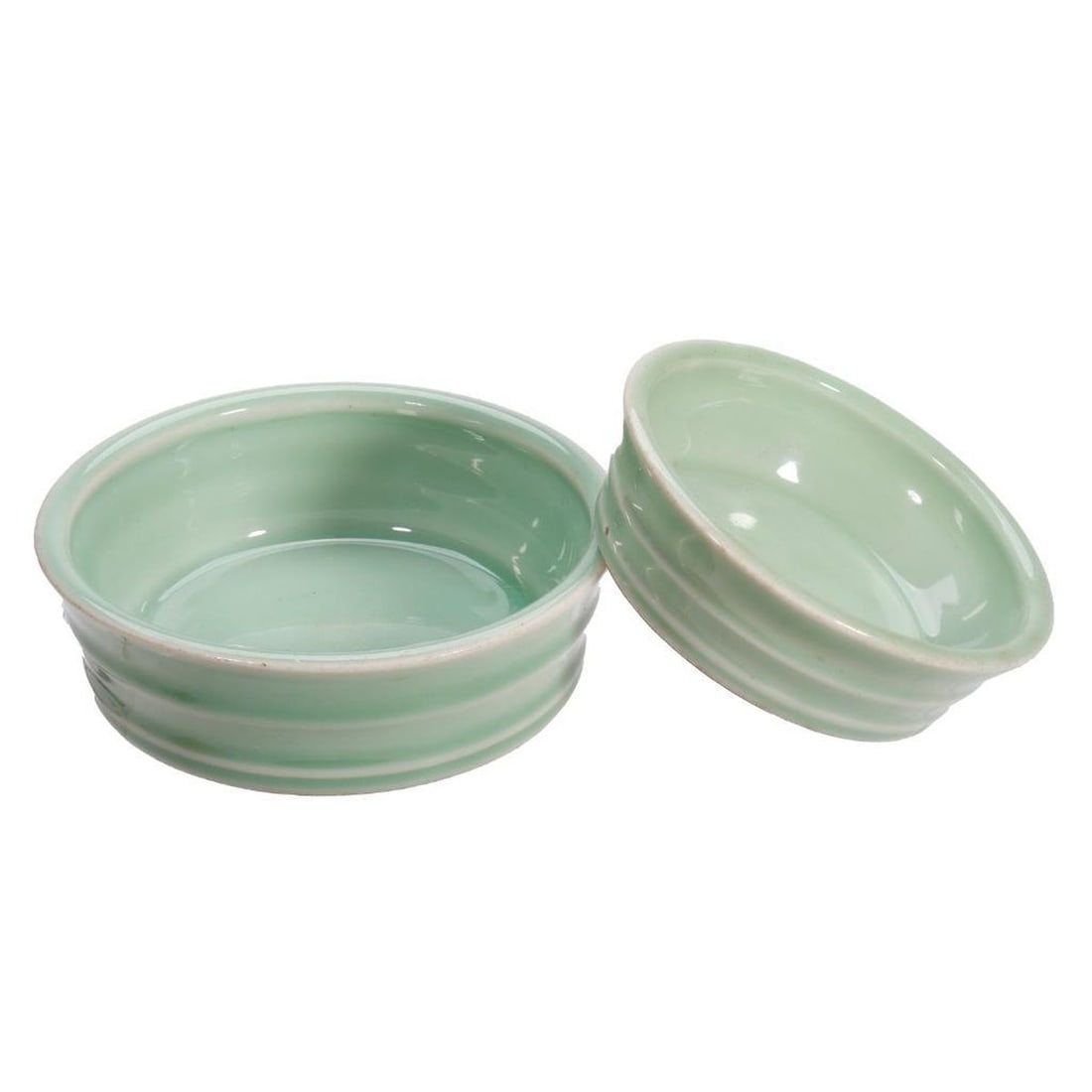 Two Korean Himedani Celadon Dishes: Joseon Dynasty. Comprising a graduated pair of ribbed shallow bowls, the smaller 1.5"h x 4.5"d, the larger 5.5"d. Accompanied by a wood box. Overall good condition, the smaller with several kiln