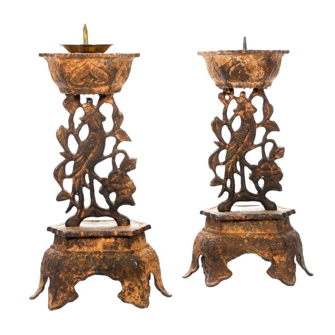 Pair Chinese Cast Iron Pricket Sticks: Each cast as a stylized tree with a perching bird, rising on a footed base and headed with a hexagonal bowl, now with a modern pricket stick insert, 11.5"h [the base having a weathered or antiqued