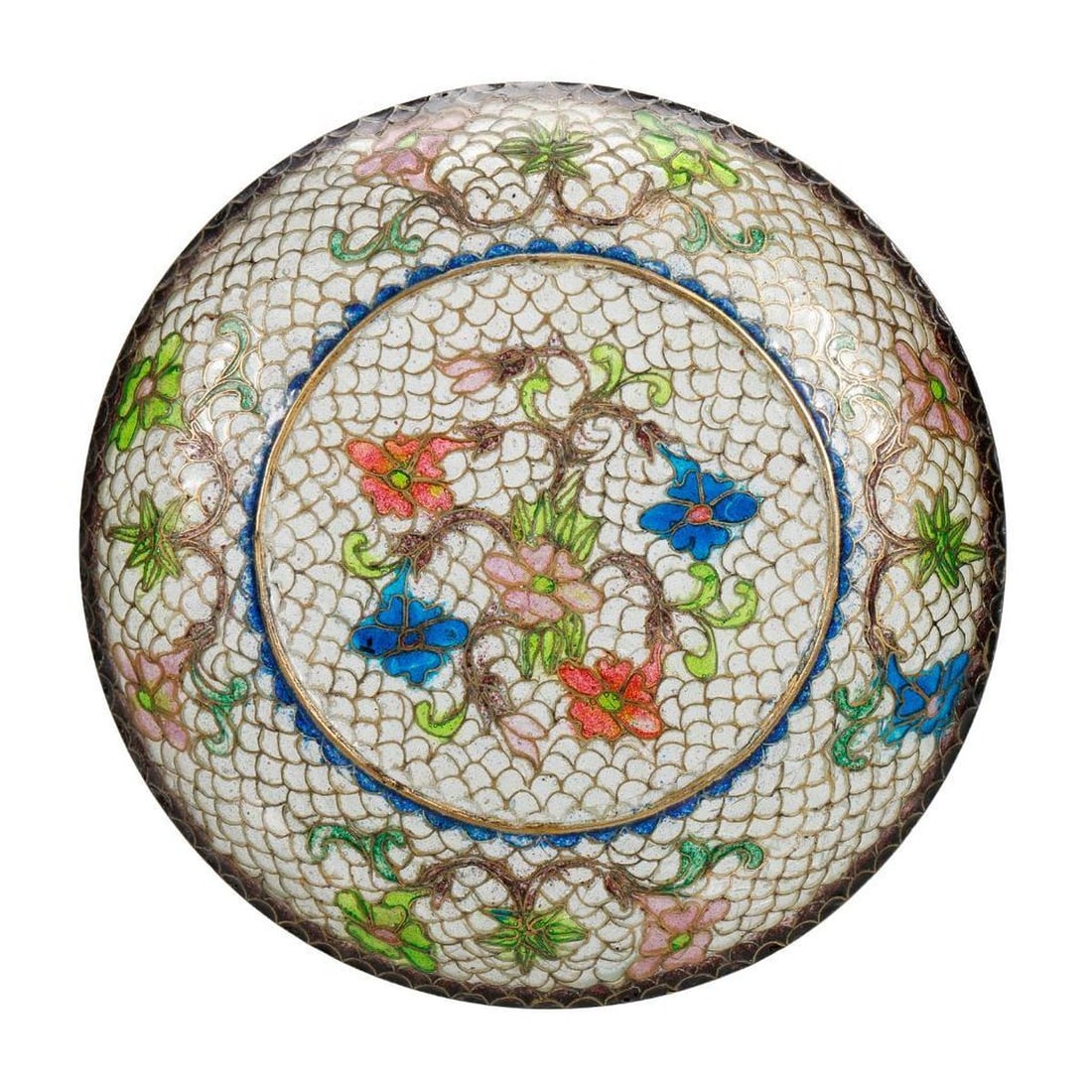 Chinese Plique A Jour Dish: The shallow bowl form dish with cobalt, red, green and pink flowers against a clear ground 5.5"d