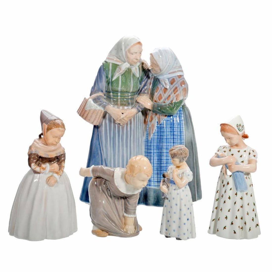 Six Royal Copenhagen or Bing & Grondahl Figural Groups Incl. The Gossips: The first, the model "The Gossips", designed by Christian Thomsen, modeled as two elderly women, arm in arm, wearing traditional peasant dress, model #1319, 11.5"h x 8.5"h x 5"d; the second, an Amager